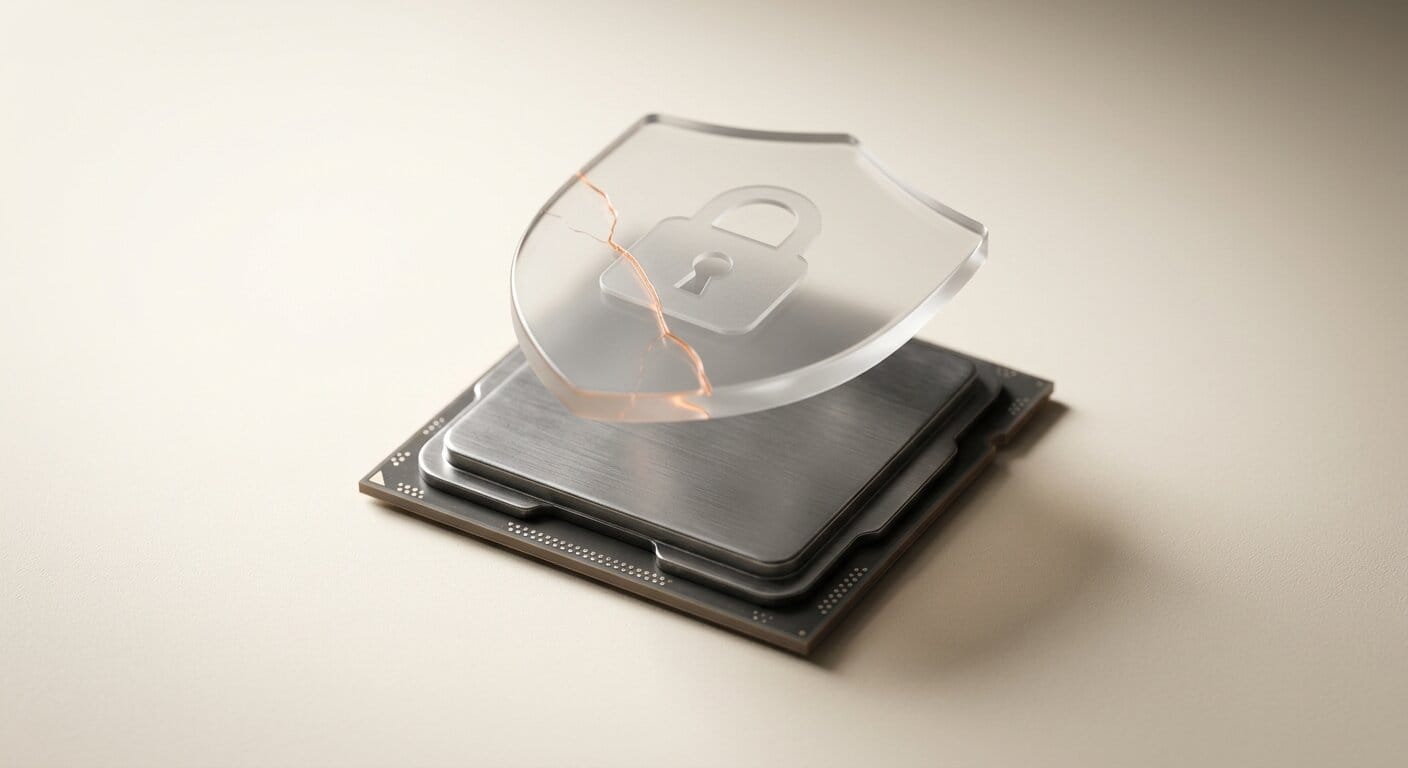 CPU chip with cracked security shield representing macOS M5 memory integrity