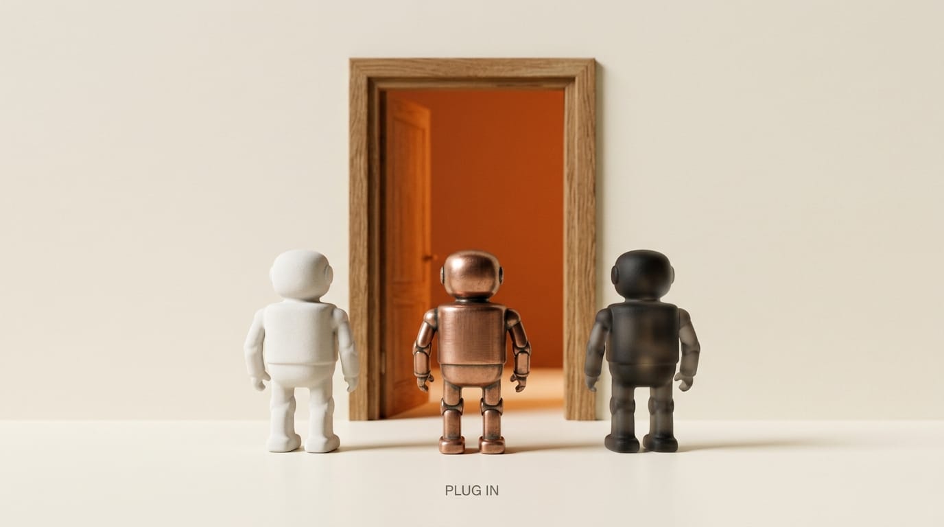 Three small robot figurines approaching an open doorway representing external AI agents plugging into Notion