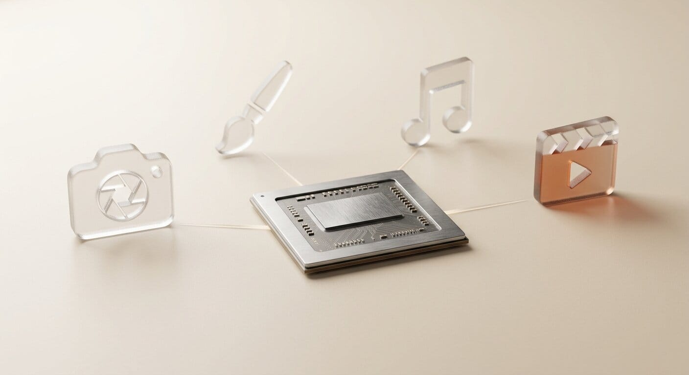 GPU chip with creative tool icons radiating outward
