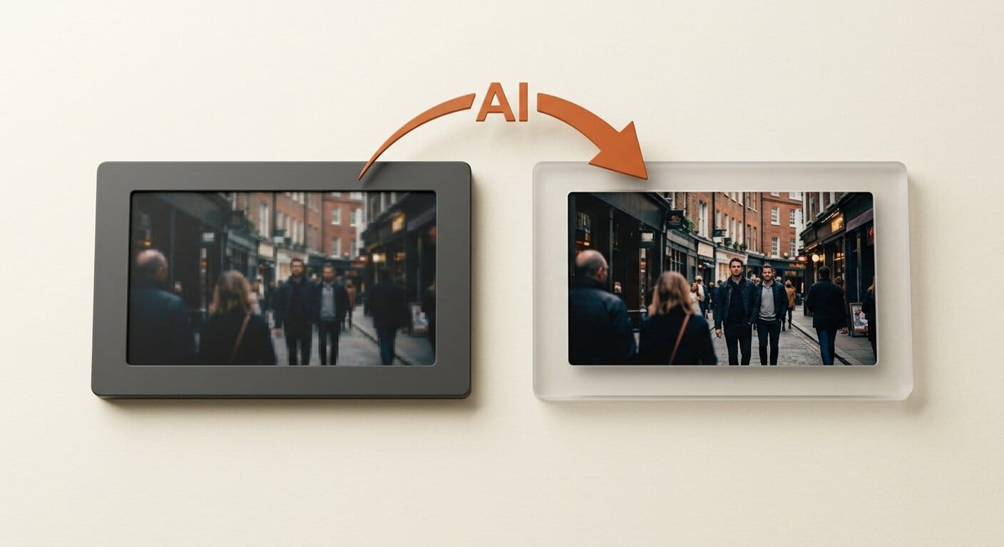 Before and after video frames showing DLSS AI upscaling improvement