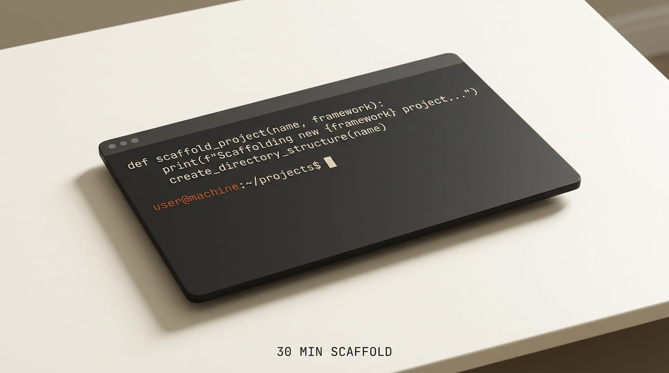 Charcoal terminal window on ivory desk with Python scaffold code and orange prompt: 30 minute scaffold to first deck
