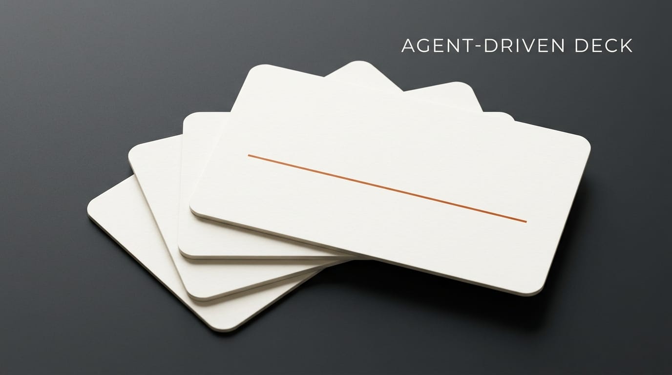 Three ivory slide-deck cards in a fanning stack on charcoal surface with orange underline: agent-driven deck creation