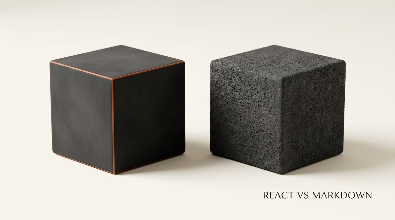 Two charcoal cubes side by side: smooth matte cube with orange edge versus rough textured cube: React versus Markdown comparison