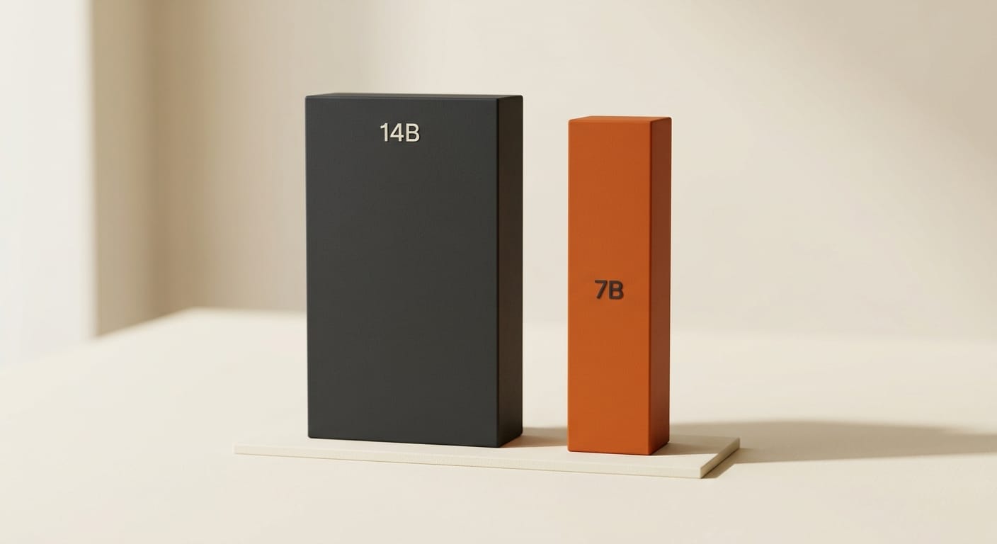 PARE 14B vs 7B parameter comparison with similar quality scores