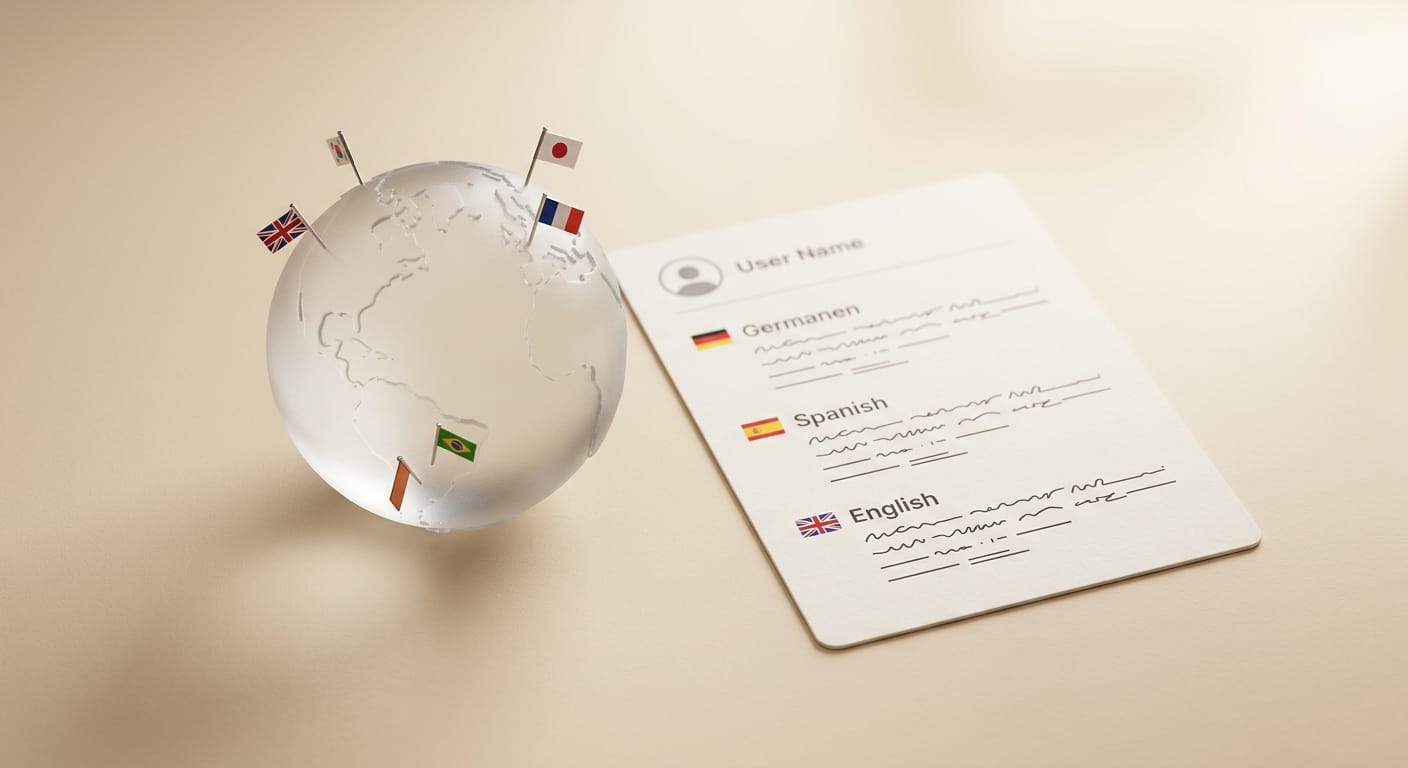 Globe with flag pins and translated social cards for localization