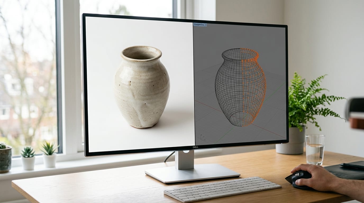 Photo-to-3D mesh conversion showing input photograph and pixel-aligned 3D output at matching angle