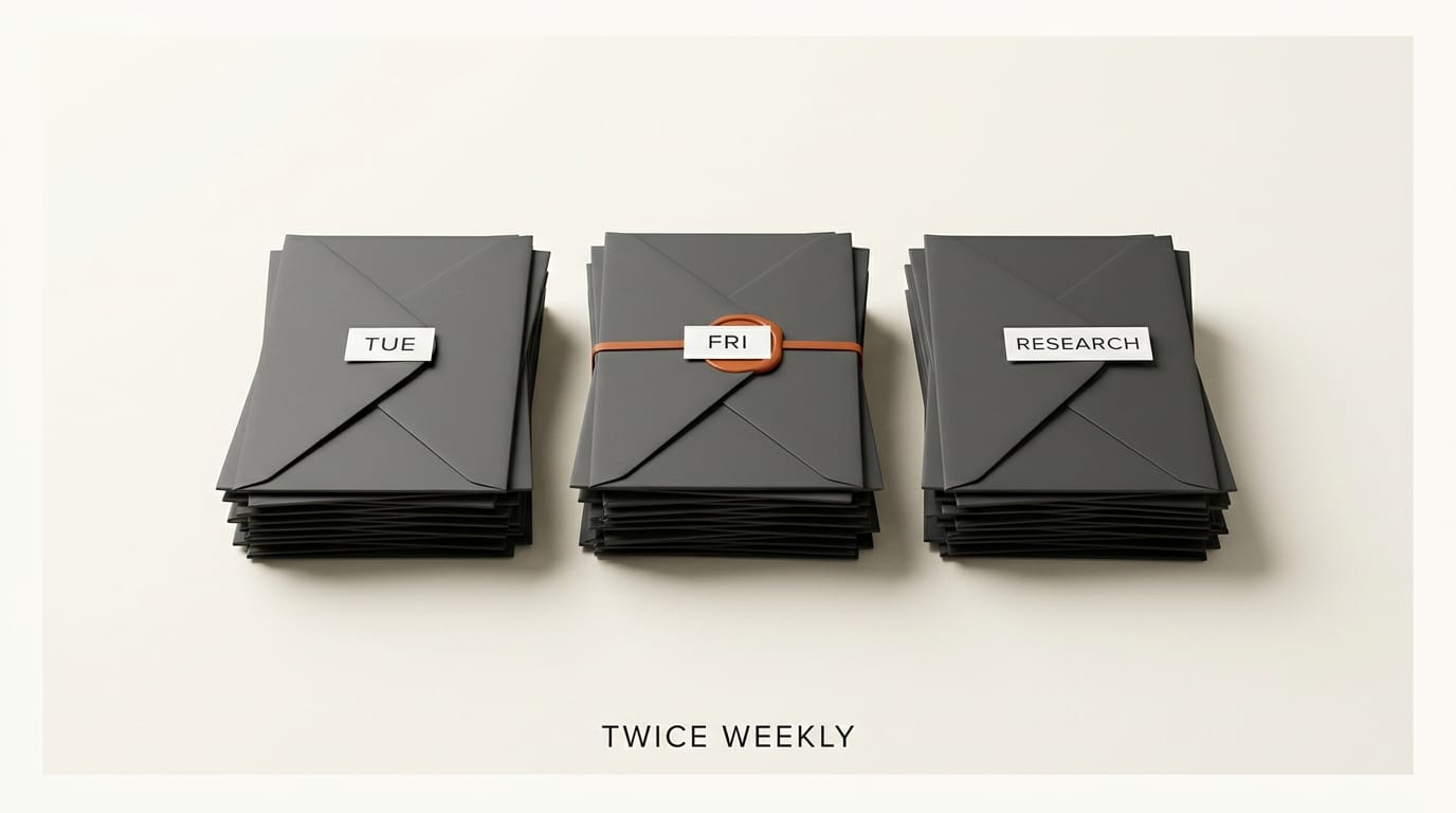 Three black envelope stacks labeled TUE FRI RESEARCH on ivory, the FRI envelope sealed with orange wax: twice-weekly newsletter cadence