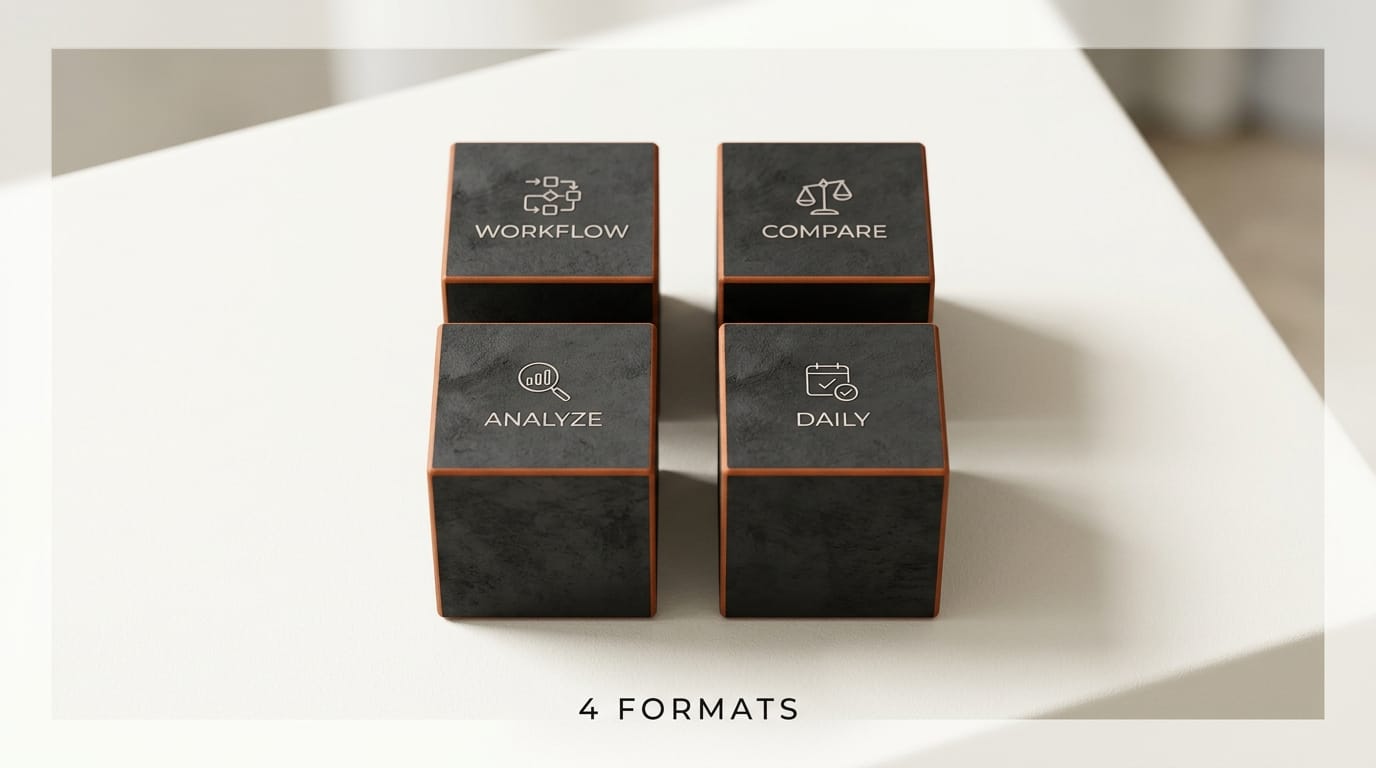 Four charcoal cubes in 2x2 grid labeled WORKFLOW COMPARE ANALYZE DAILY with orange edges: 4 content formats
