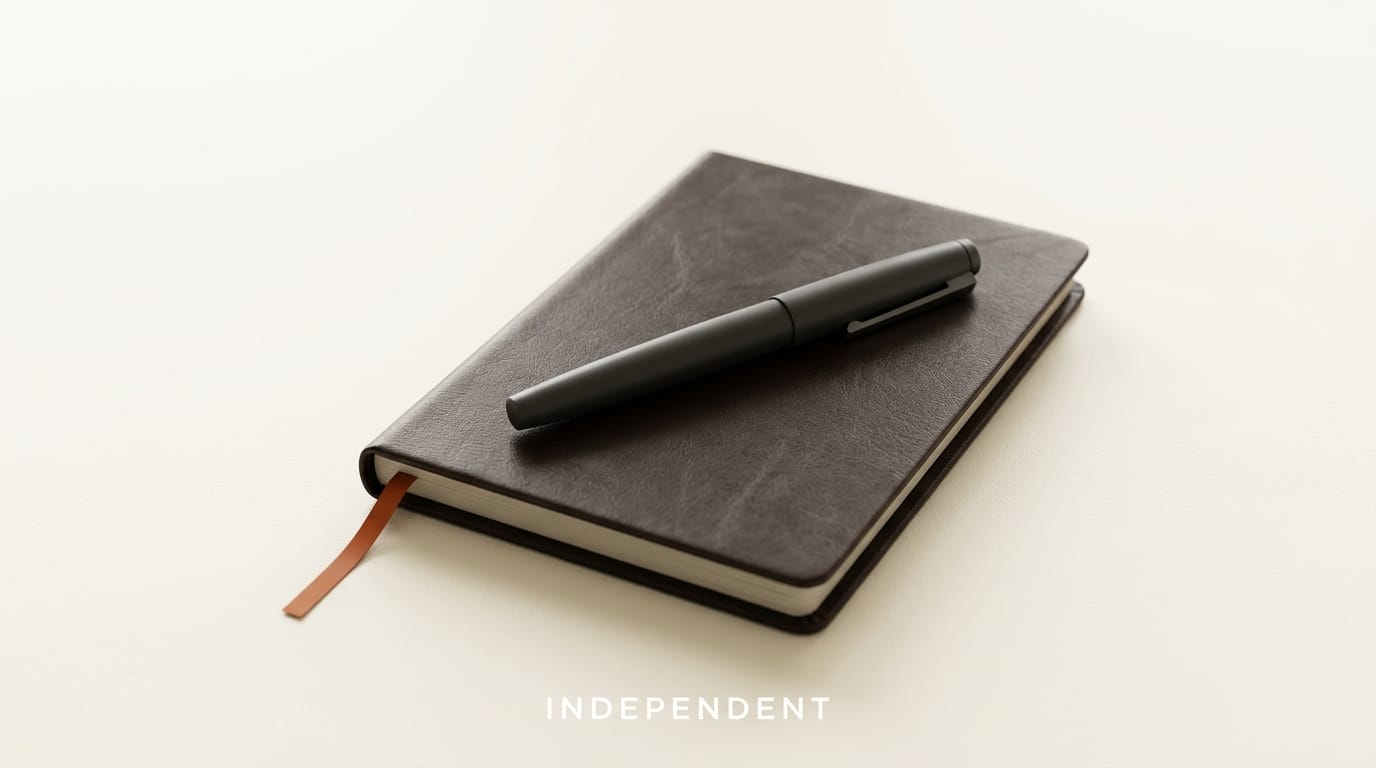 Charcoal pen on closed leather notebook with orange bookmark: independent operation