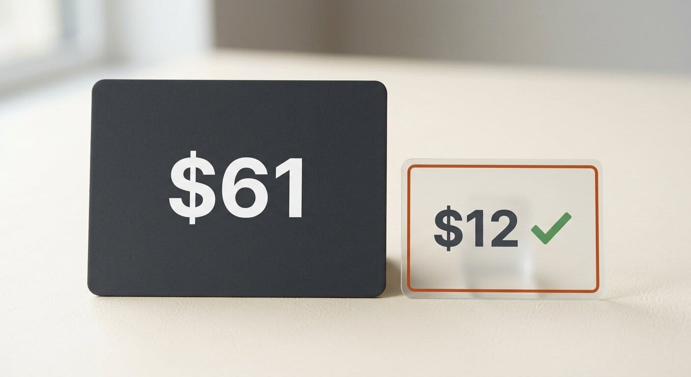 Price comparison showing 12 dollars versus 61 dollars for coding agents