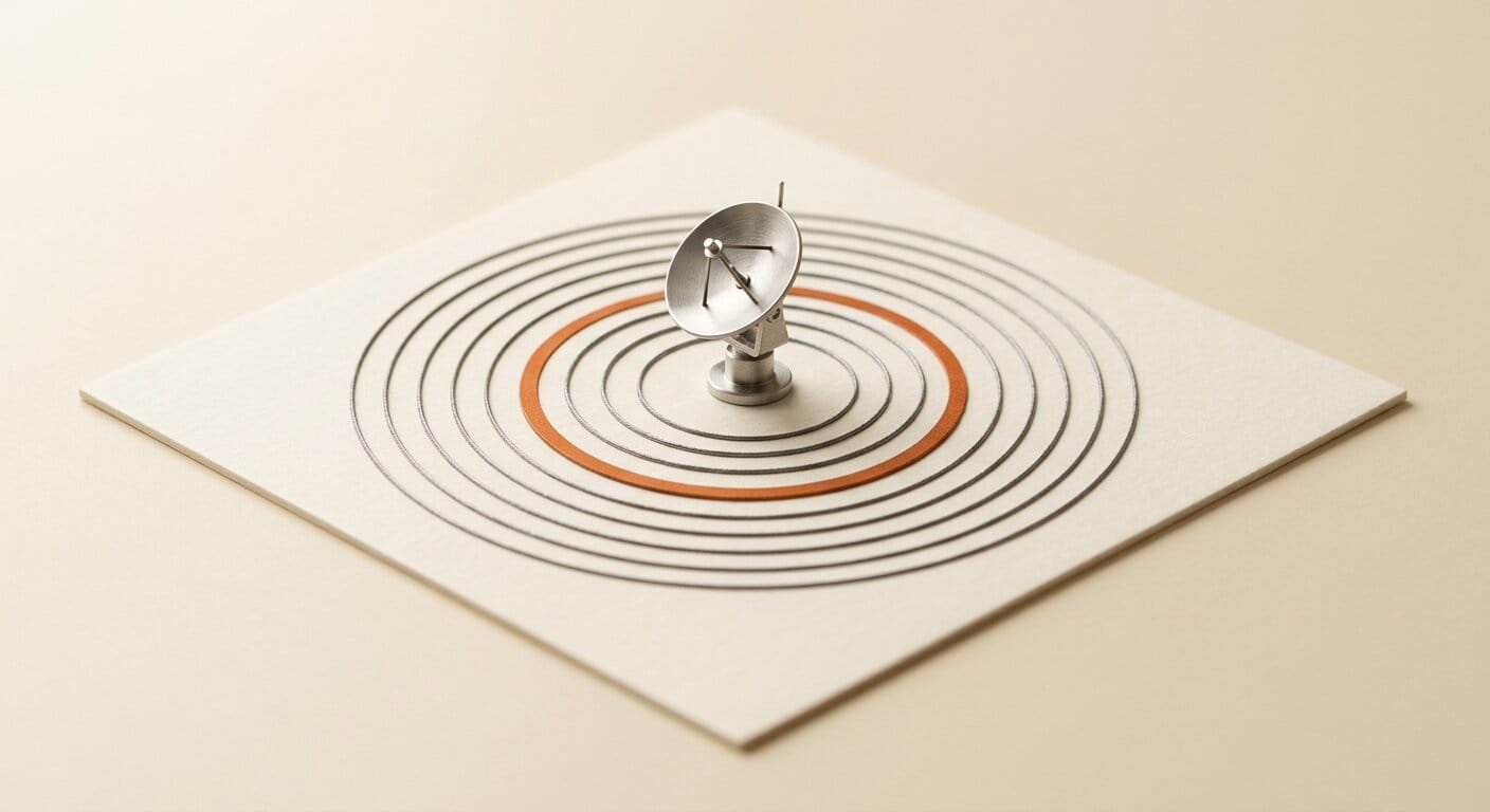 Radar dish with signal rings for always-on search agents