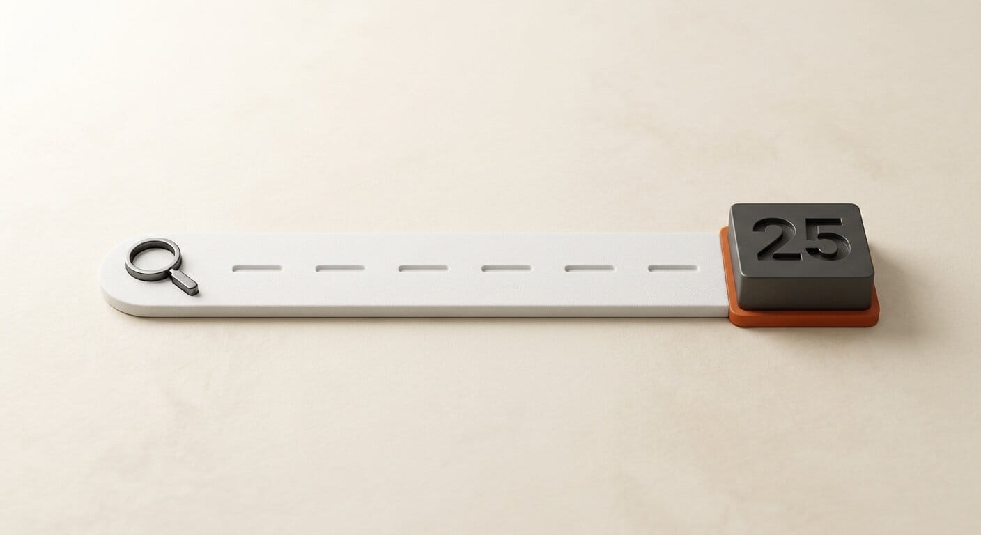 25-year search timeline with magnifying glass milestone