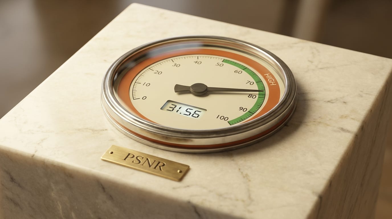 PSNR reconstruction quality gauge showing 31.56 in the high zone