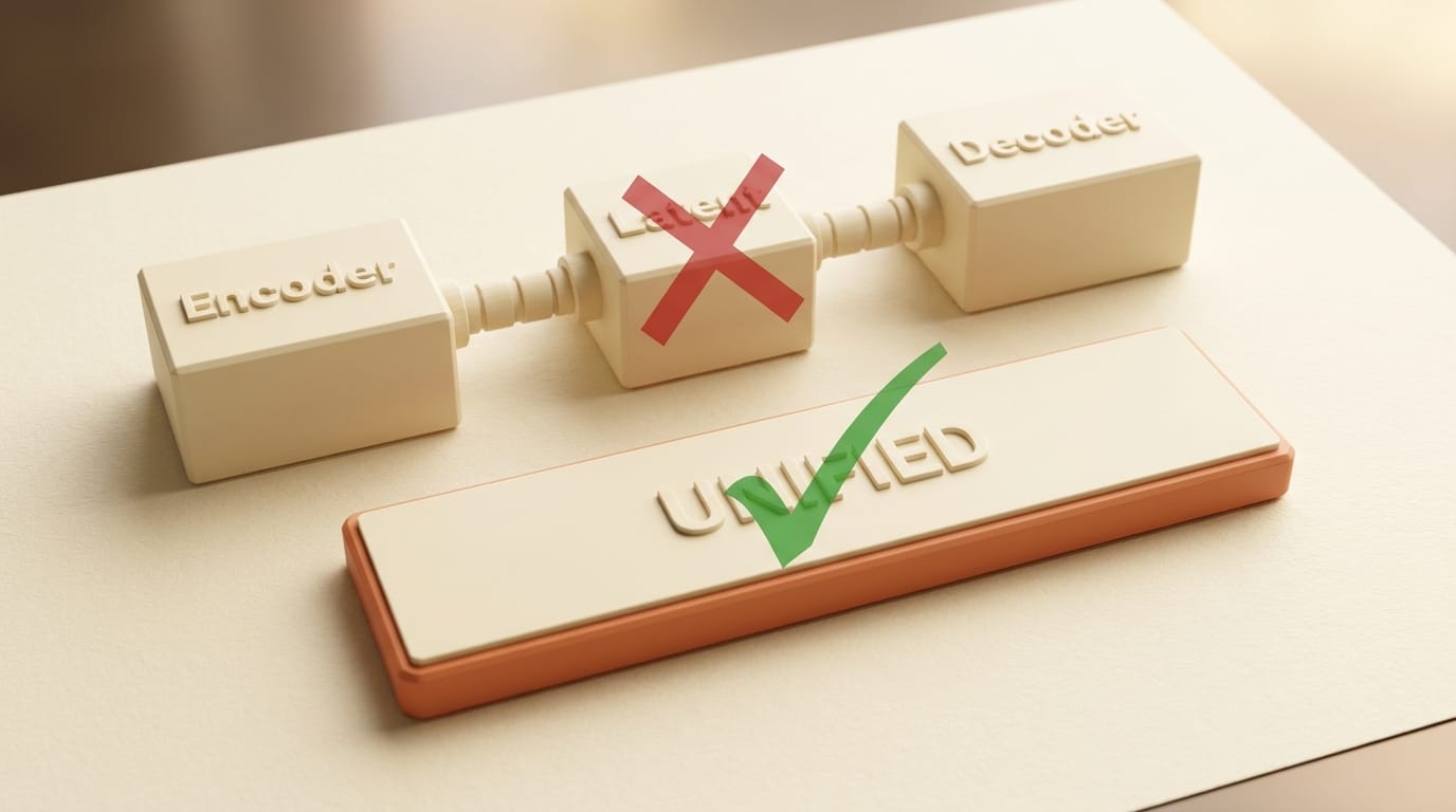 Traditional encoder-latent-decoder VAE pipeline versus unified architecture