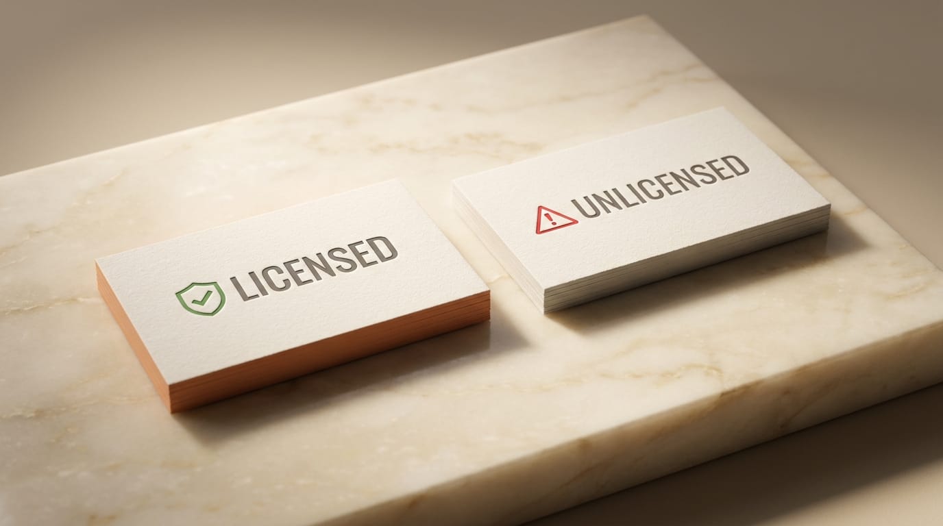 Licensed card with checkmark versus unlicensed with warning