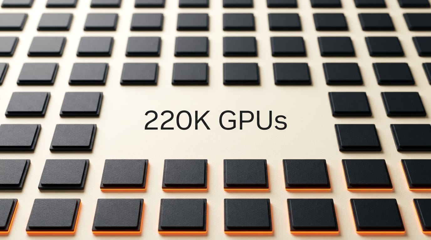 Tight grid of charcoal computer chips with the bottom row outlined in orange, representing 220 thousand NVIDIA GPUs.