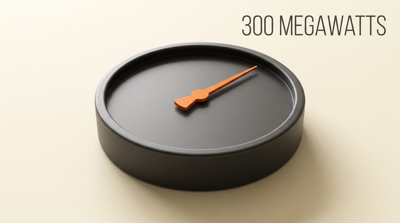 Charcoal industrial gauge with an orange needle past three quarters, representing 300 megawatts new capacity.