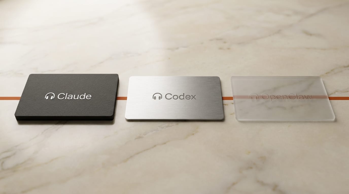 Three AI agent cards: Claude, Codex, and OpenClaw with headphone icons