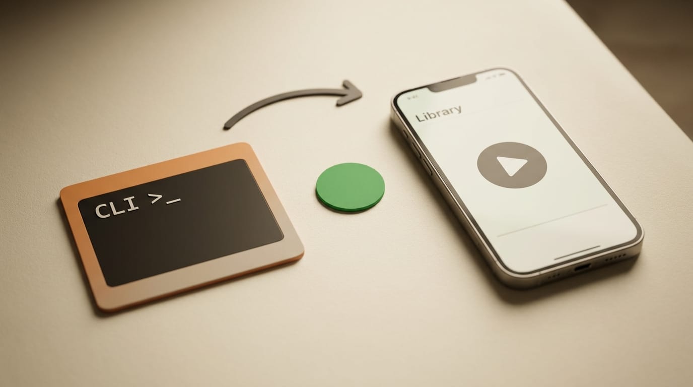 CLI terminal command saving podcast to Spotify library on phone