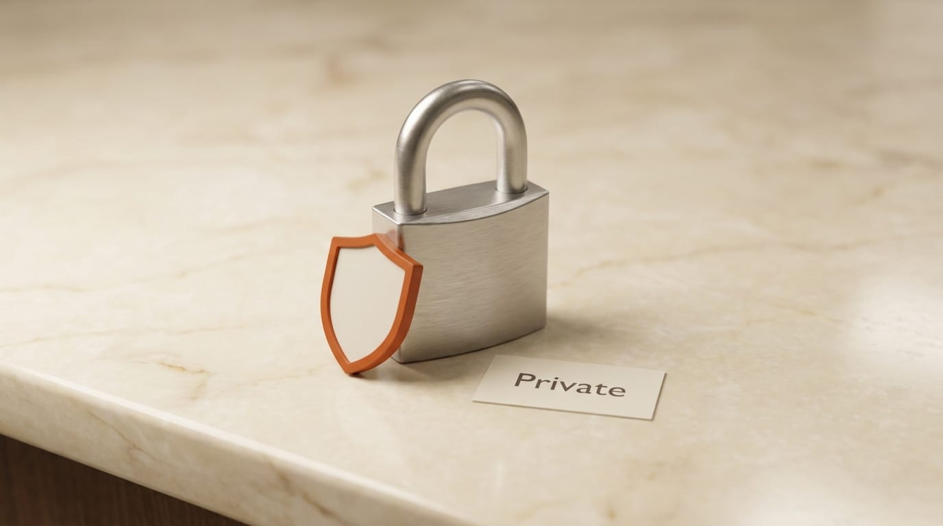 Silver padlock with orange shield and Private label on marble