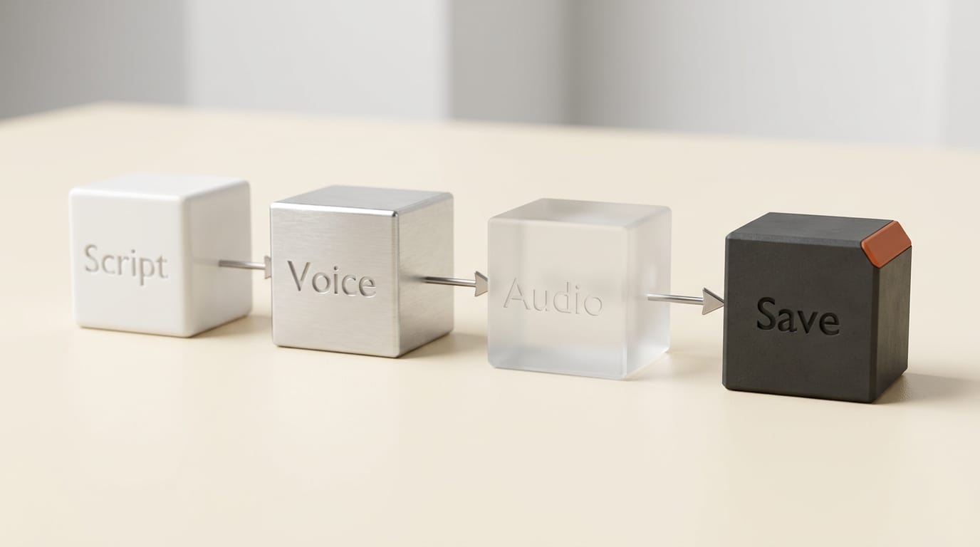 Four-step podcast workflow: Script, Voice, Audio, Save pipeline blocks
