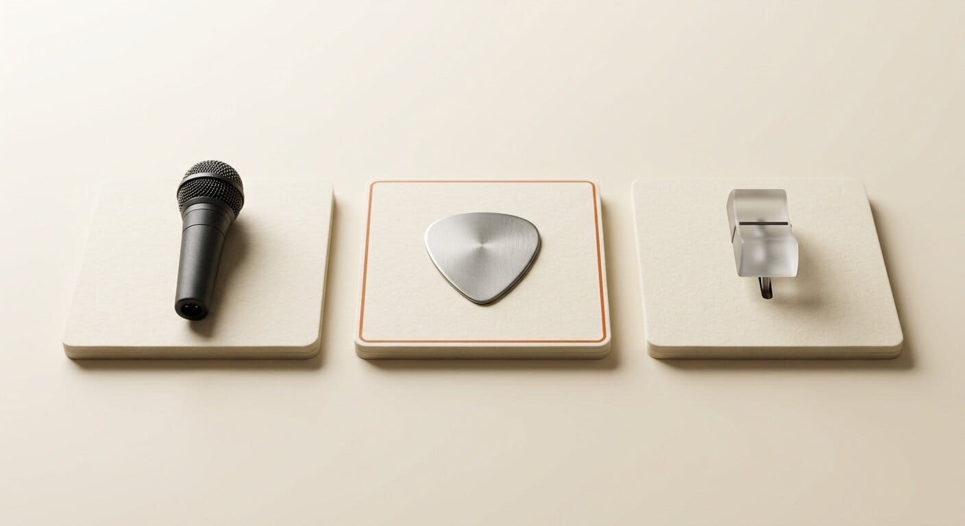 Three audio model icons representing vocals instruments and mastering