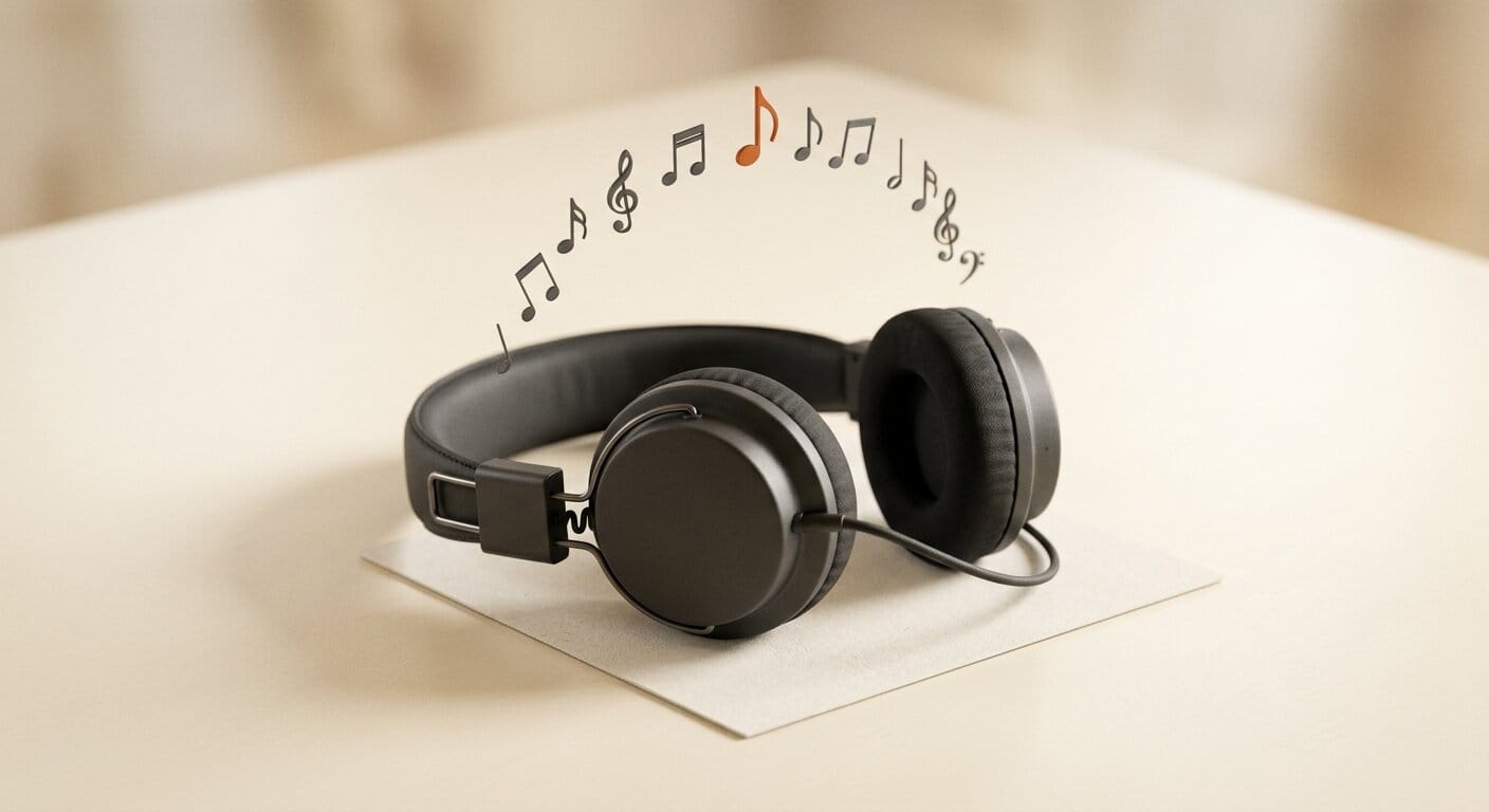 Headphones with floating musical notes for creator music workflows