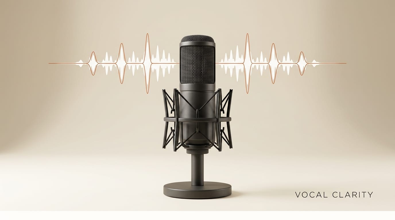 Charcoal studio microphone with orange-accented audio waveform peaks: vocal clarity