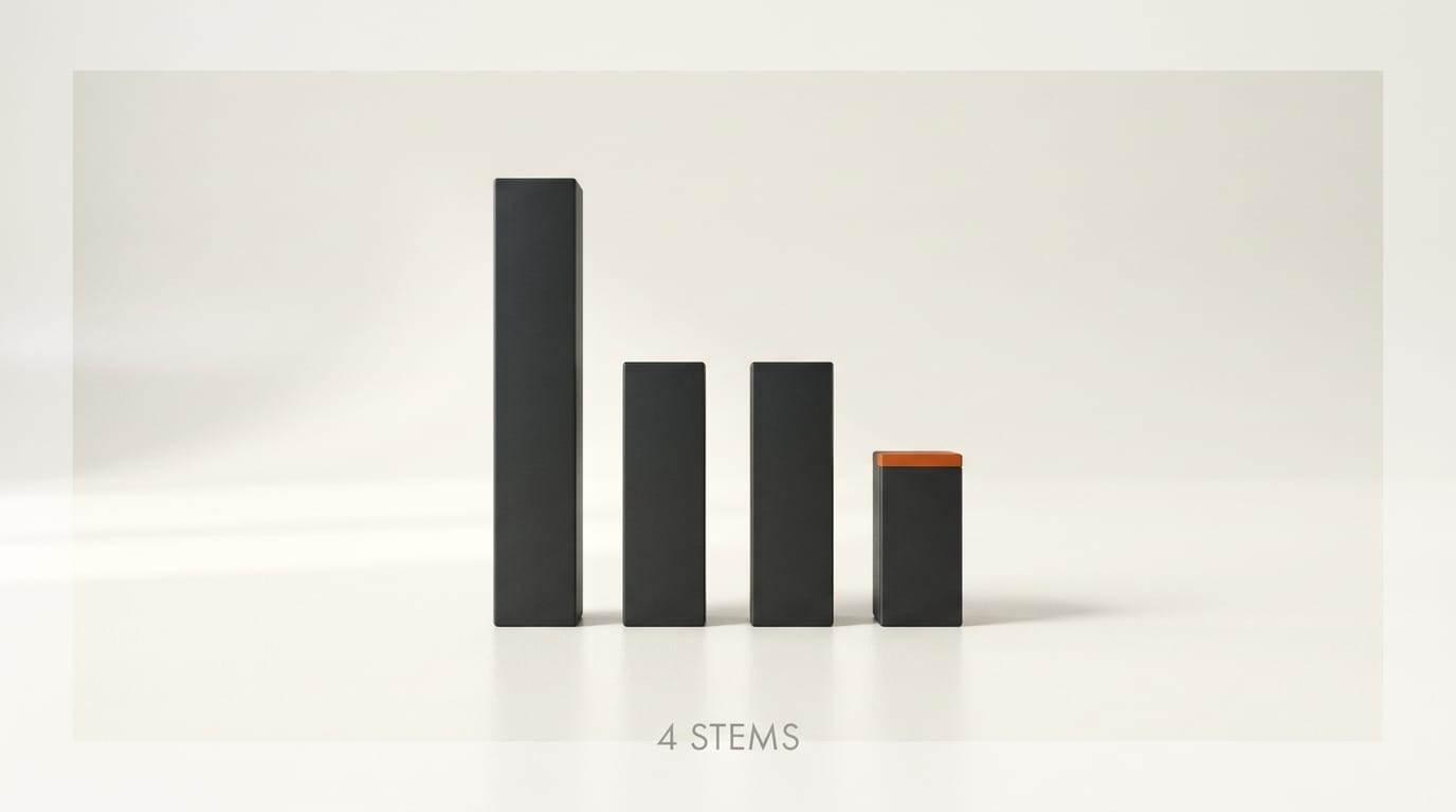 Four charcoal vertical bars with orange tip on the smallest: 4 instrument stems separation