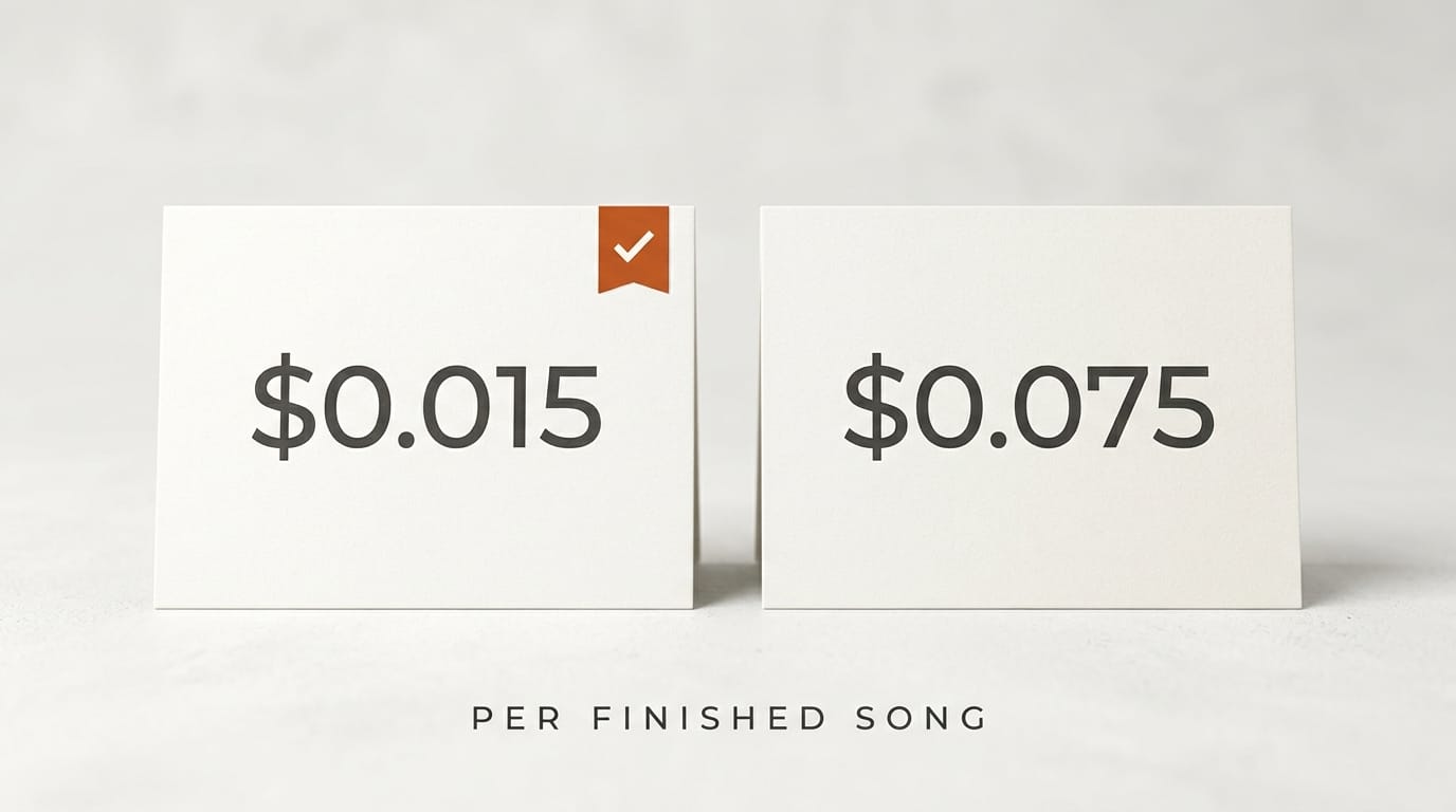 Two ivory price cards labeled $0.015 and $0.075 with orange winner badge: per finished song pricing