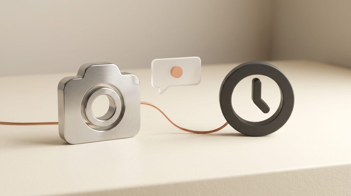 Camera lens connected to clock icon representing visual proactivity