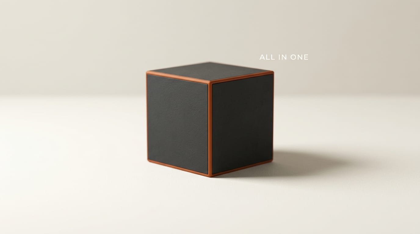 Single matte charcoal cube with orange edges replacing three smaller blocks: all-in-one tool consolidation