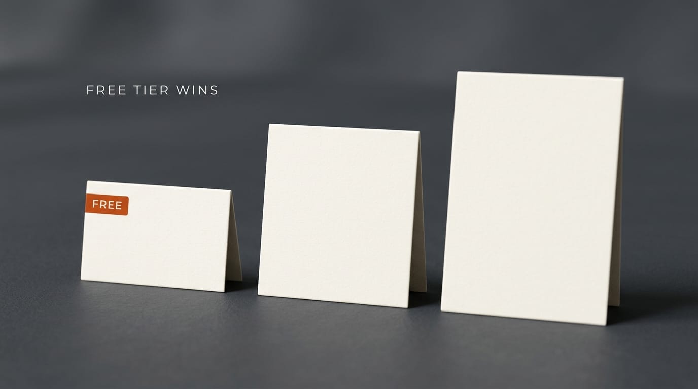 Three ivory price cards in increasing size with orange FREE badge on smallest leftmost card: free tier wins