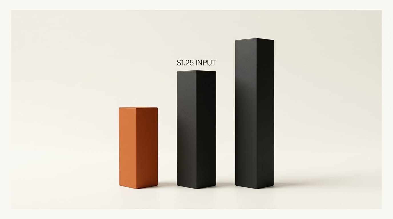 Three vertical bars with the smallest in muted orange labeled $1.25 input: Grok 4.3 wins on output pricing