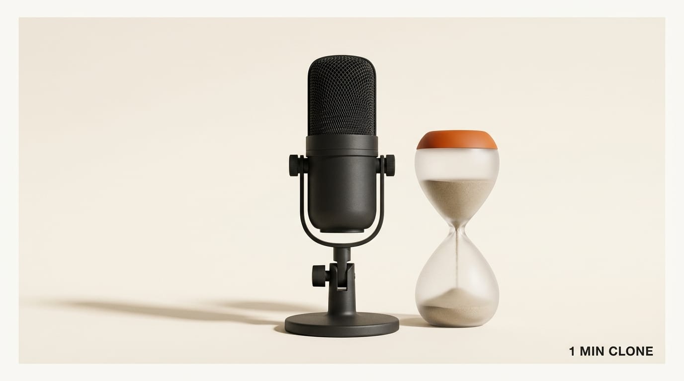 Charcoal microphone with frosted-glass hourglass: 1 minute voice clone via Custom Voices