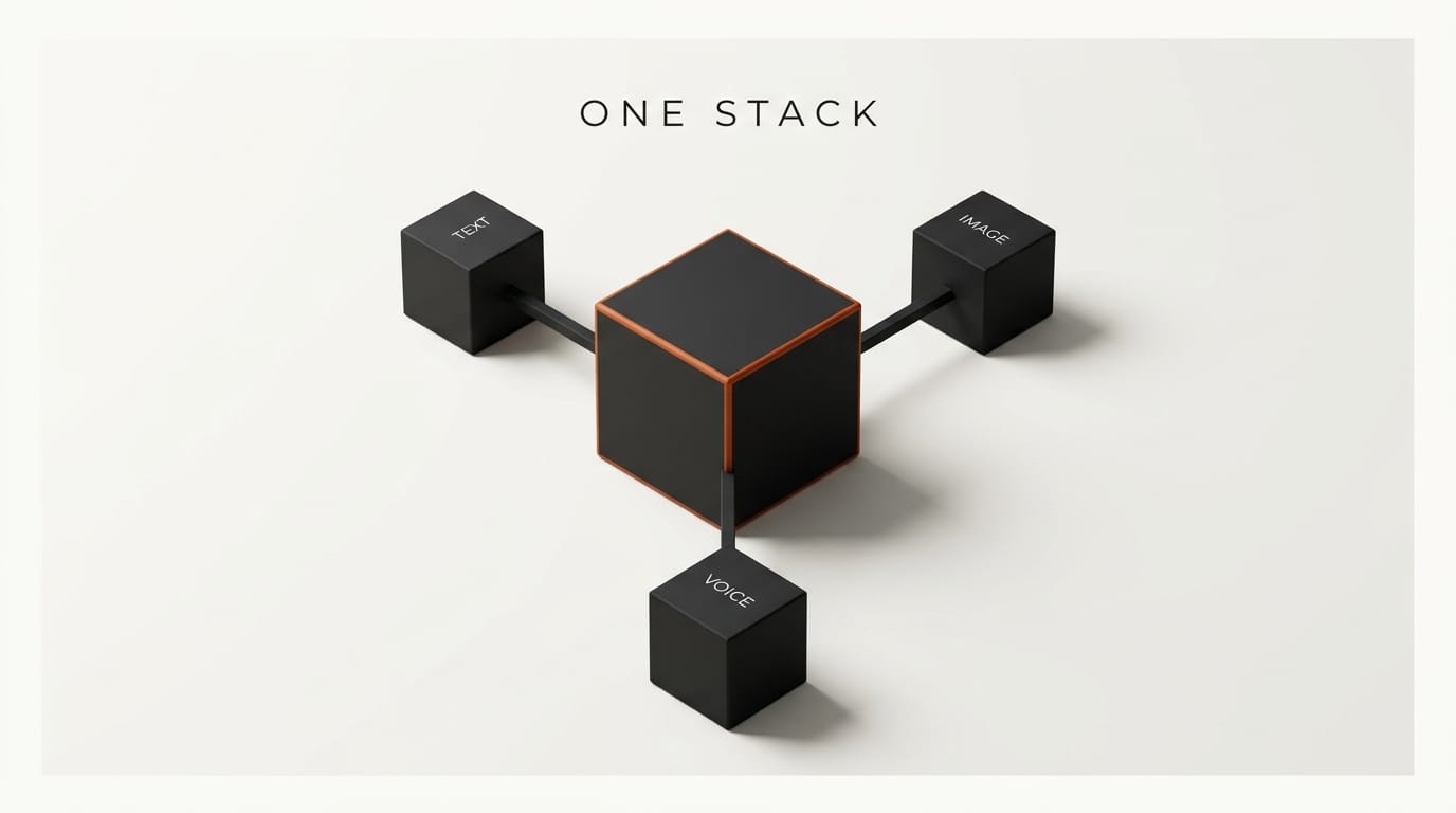 Three small cubes labeled TEXT VOICE IMAGE converging into one larger cube: xAI single creator stack