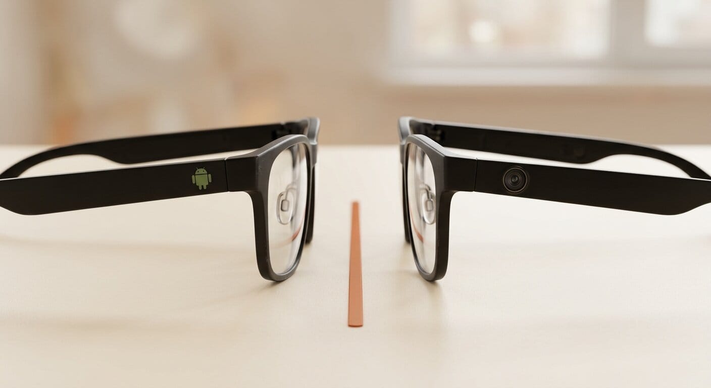 Two smart glasses facing each other in Android XR vs Meta comparison