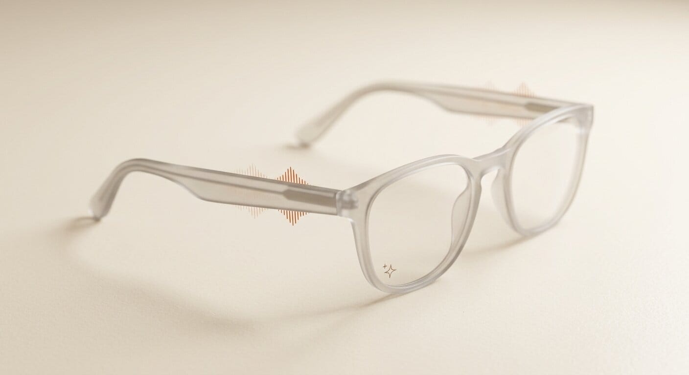 Audio glasses with sound waves and Gemini sparkle for creator use