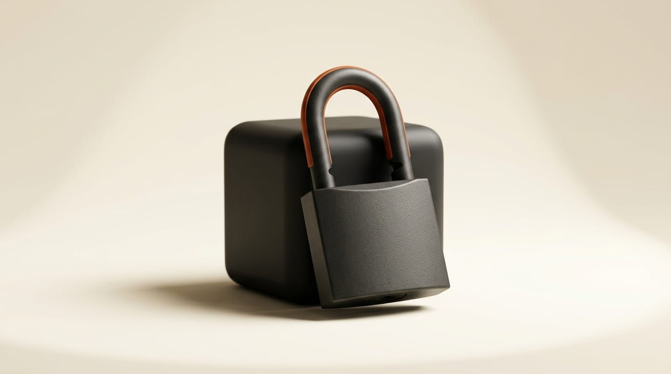 3D render of a padlock clamped onto a model block, representing the forced shutdown