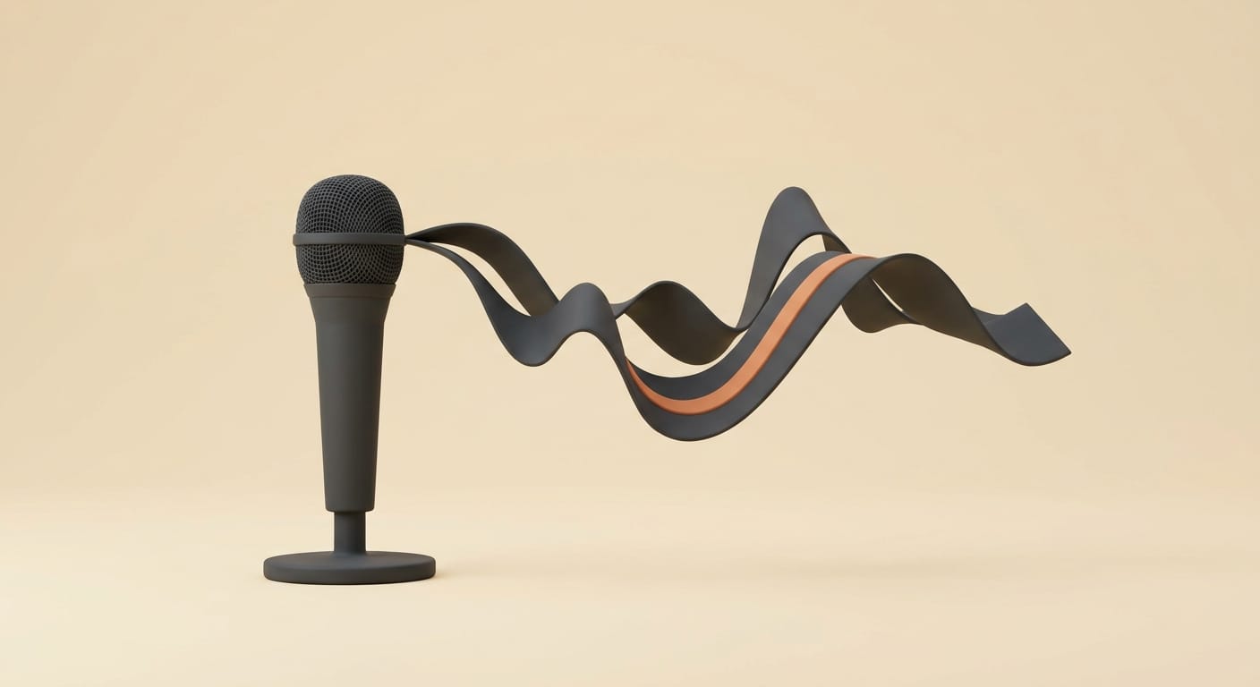 Charcoal 3D microphone and soundwave illustrating AI song generation with vocals