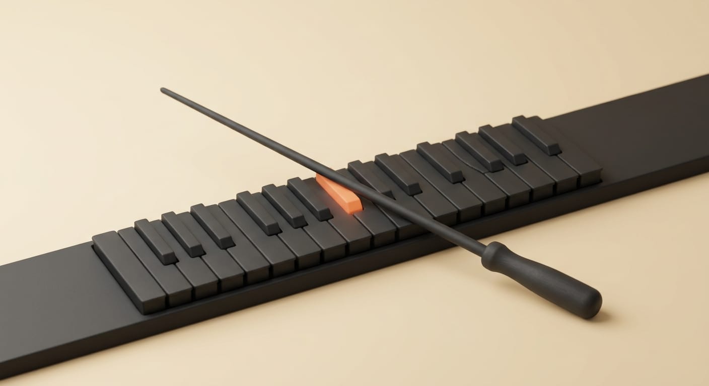 Charcoal 3D baton and MIDI keys illustrating editable AI film and game scores