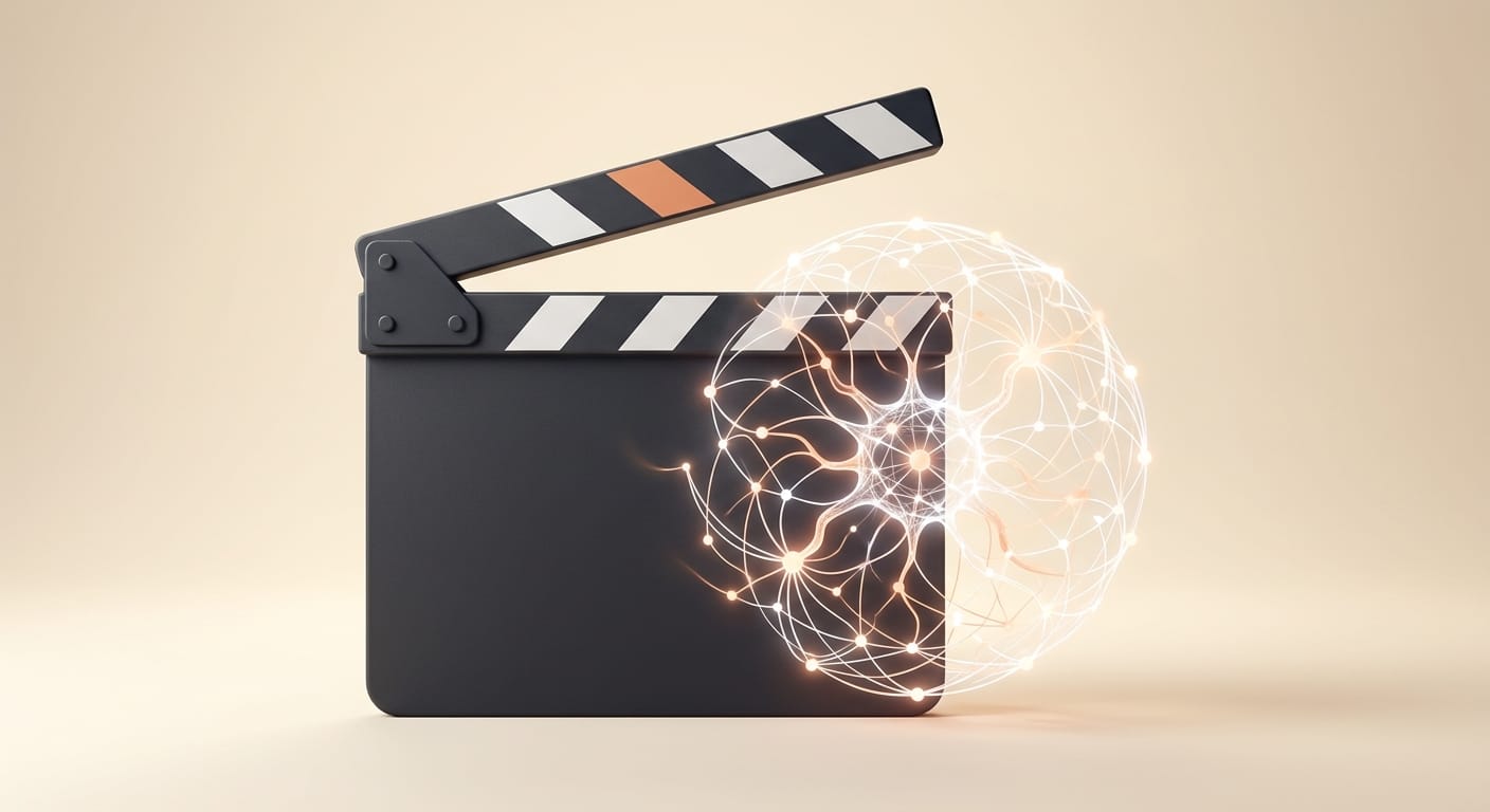 Illustrative render of a film clapperboard fused with an AI neural-node sphere