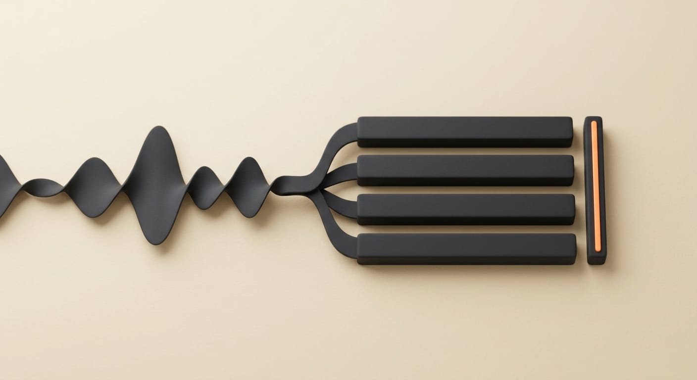 Illustrative render of an audio waveform turning into editable text bars