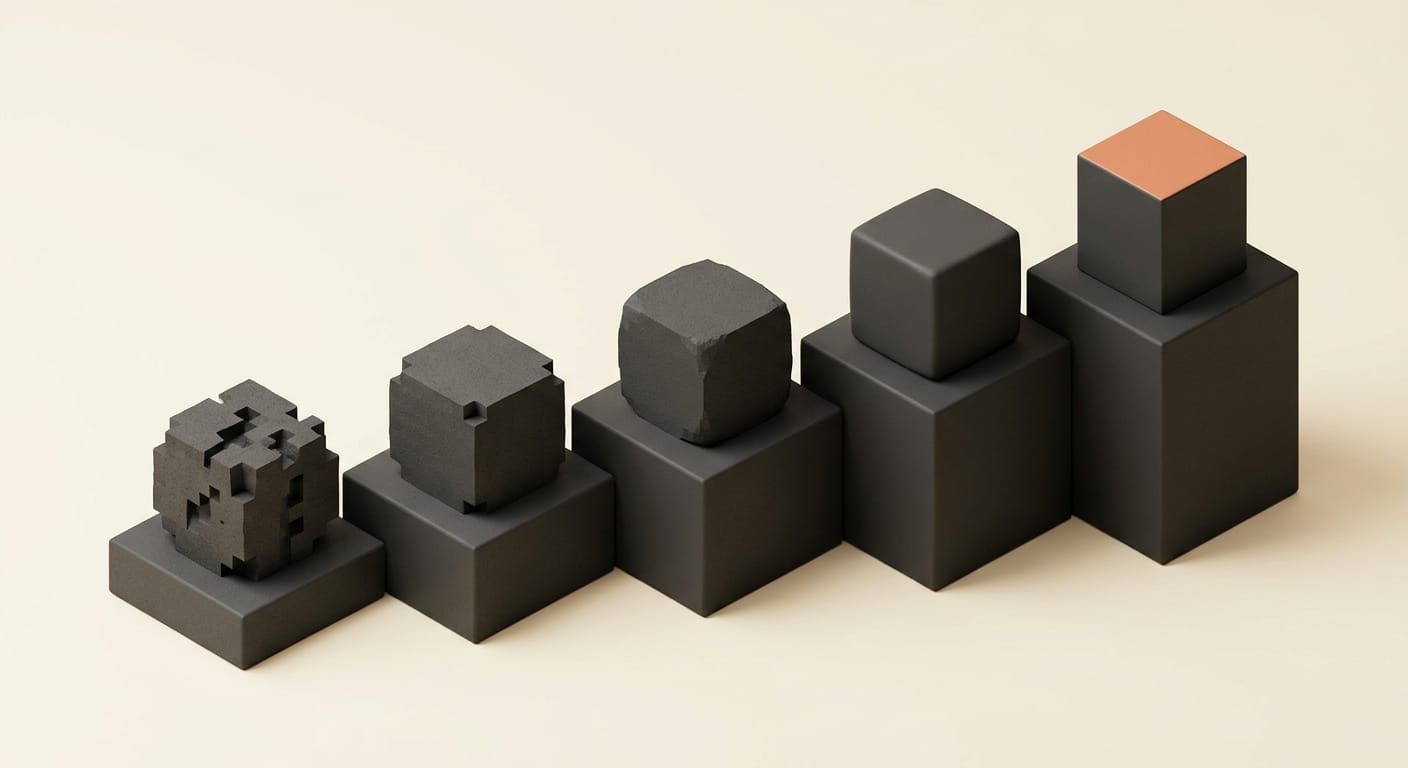 Illustrative render of a pixelated block sharpening into a crisp upscaled block