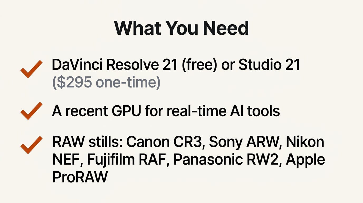 Checklist for the DaVinci Resolve 21 photo and video workflow: the app, a GPU, and supported RAW formats