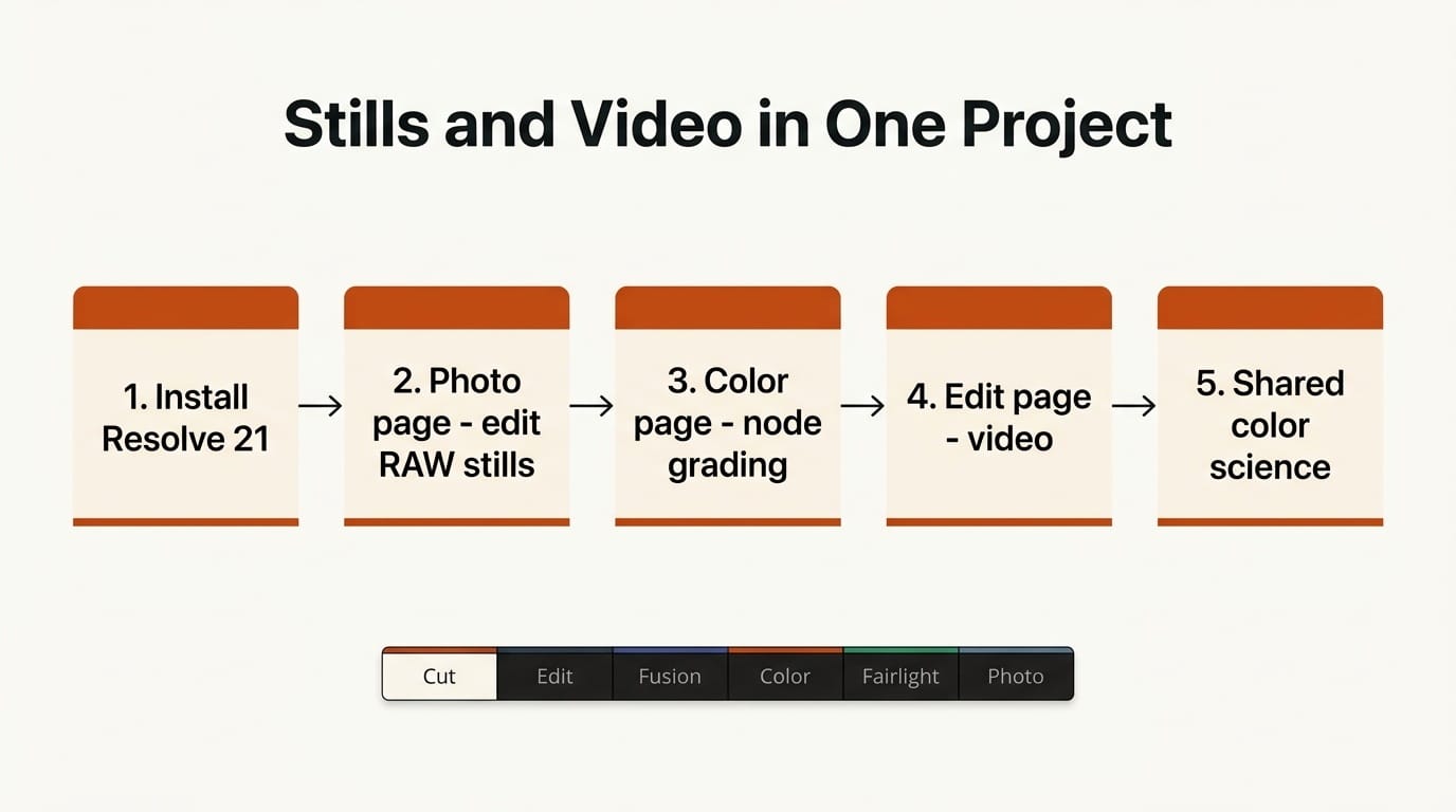 DaVinci Resolve 21 workflow: install, Photo page RAW stills, Color page grading, Edit page video, shared color science