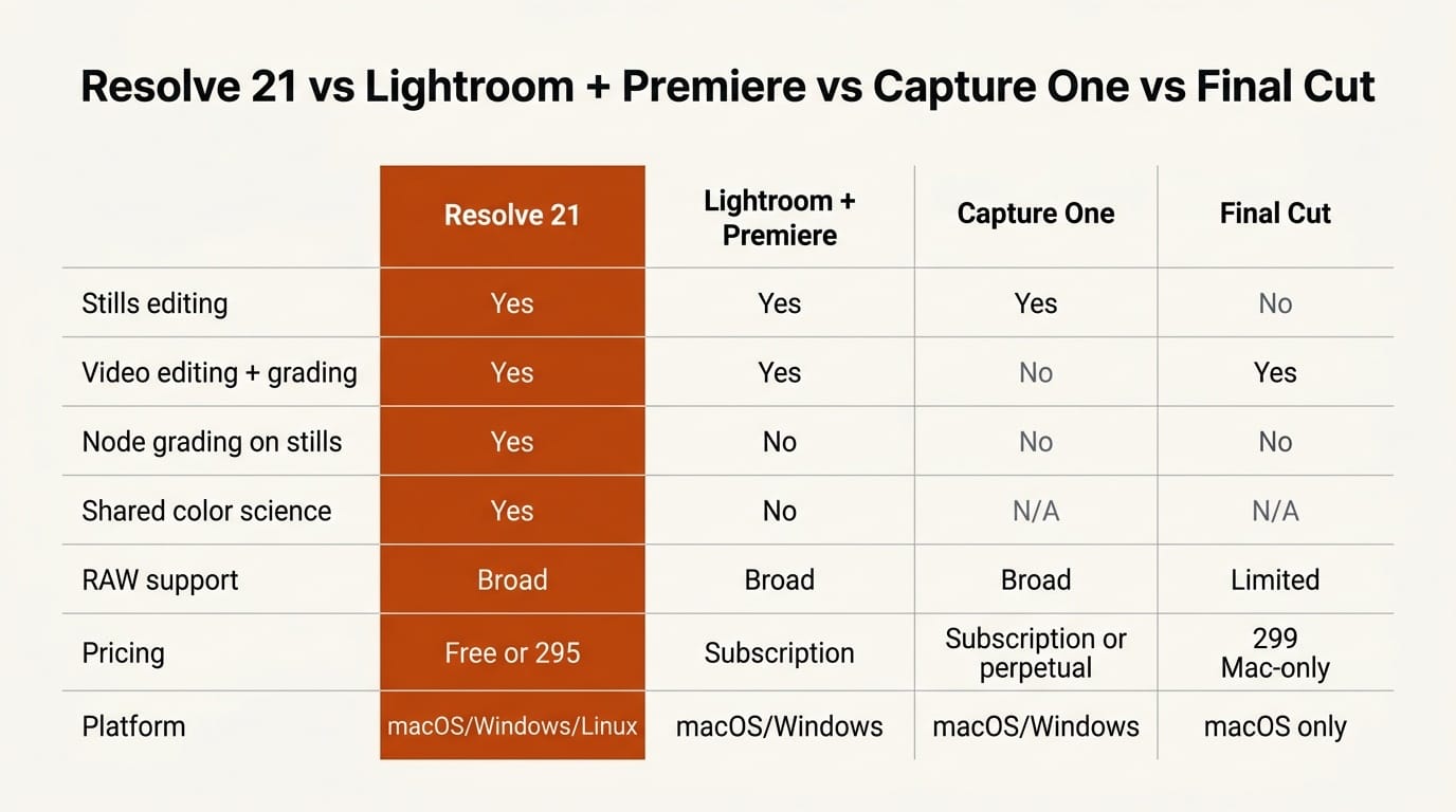 Comparison table: DaVinci Resolve 21 versus Lightroom plus Premiere, Capture One, and Final Cut Pro