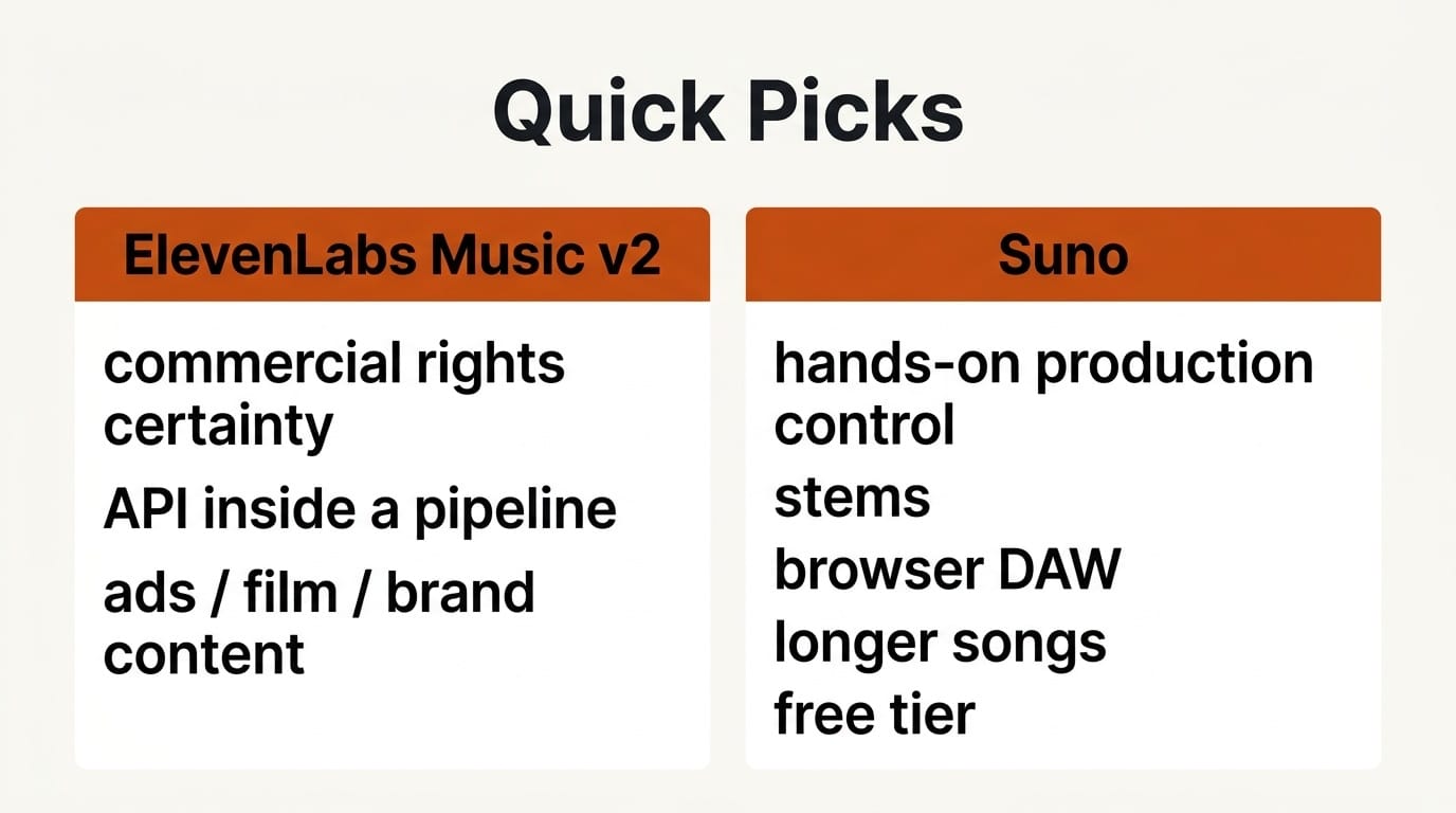 Quick picks card: ElevenLabs Music v2 for commercial rights and API, Suno for production control and free tier