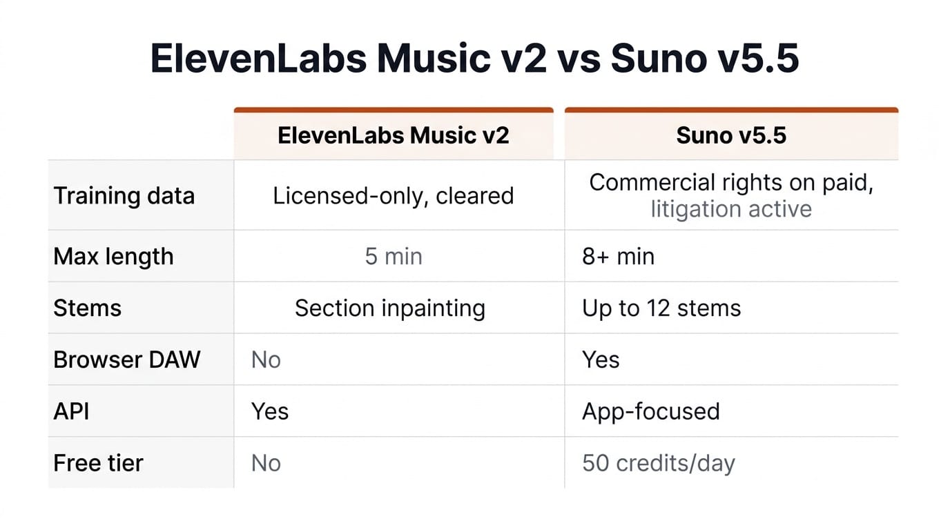 Comparison table of ElevenLabs Music v2 versus Suno v5.5: training data, length, stems, DAW, API, free tier