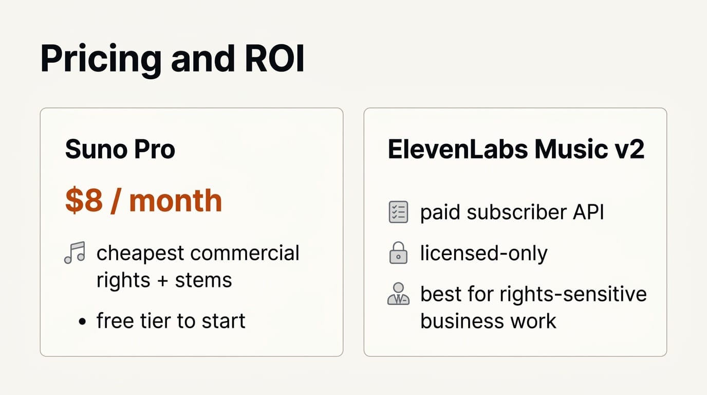 Pricing comparison: Suno Pro at $8 per month versus ElevenLabs Music v2 paid subscriber API